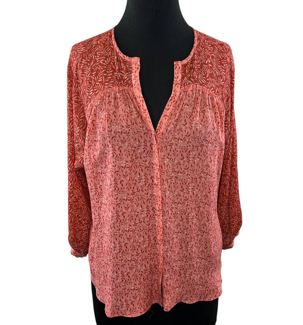 JOIE Javeth Cinnamon Silk Blouse Pink Orange Leaf Print V-Neck 3/4 Sleeve Top S